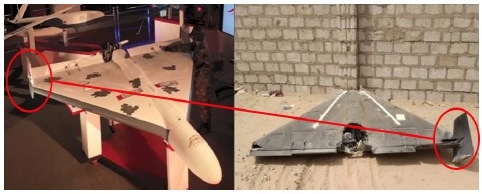 طائرة وعيد المسيرة في المعرض الحوثي (يسار)- حطام طائرة محتمل لطائرة وعيد بالقرب من مأرب (يمين)- من تقرير فريق الخبراء