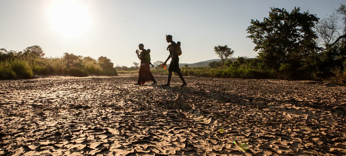 © UNICEF/Karin Schermbrucke | امرأتان تمشيان إلى منزلها عبر مجرى نهر جاف في وادي غويمبي، زامبيا.